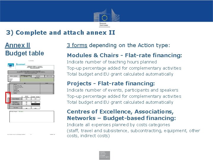 3) Complete and attach annex II Annex II Budget table 3 forms depending on