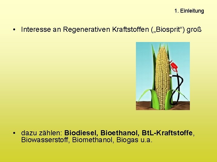 1. Einleitung • Interesse an Regenerativen Kraftstoffen („Biosprit“) groß • dazu zählen: Biodiesel, Bioethanol,