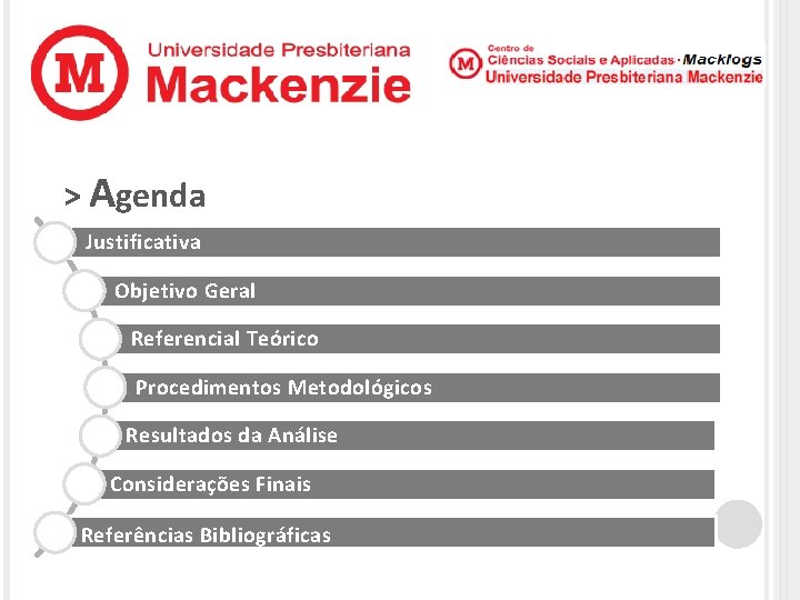 > Agenda Justificativa Objetivo Geral Referencial Teórico Procedimentos Metodológicos Resultados da Análise Considerações Finais