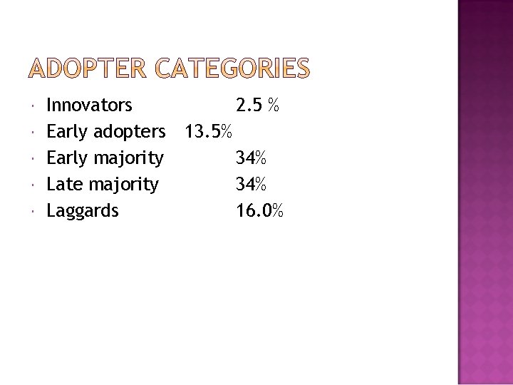  Innovators Early adopters Early majority Late majority Laggards 2. 5 % 13. 5%