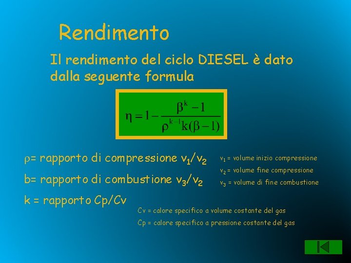 Rendimento Il rendimento del ciclo DIESEL è dato dalla seguente formula r= rapporto di