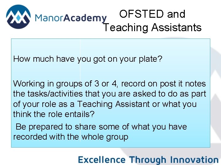 OFSTED and Teaching Assistants How much have you got on your plate? Working in