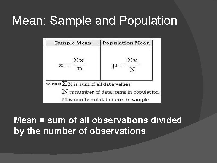 Mean: Sample and Population Mean = sum of all observations divided by the number