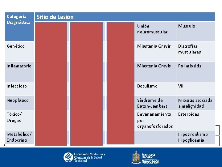 Categoría Diagnóstica Sitio de Lesión Localización del Sitio de Lesión Neurona motora superior Neurona