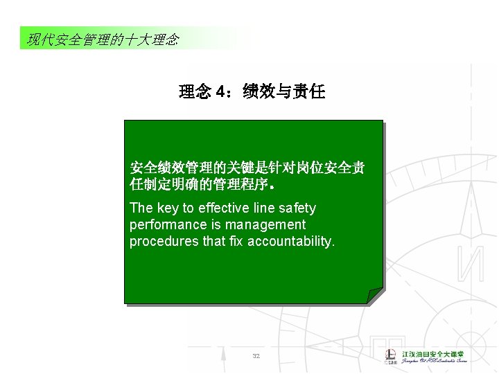 现代安全管理的十大理念 理念 4：绩效与责任 安全绩效管理的关键是针对岗位安全责 任制定明确的管理程序。 The key to effective line safety performance is management