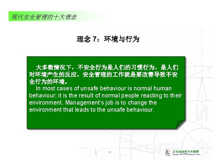 现代安全管理的十大理念 理念 7：环境与行为 大多数情况下，不安全行为是人们的习惯行为，是人们 对环境产生的反应。安全管理的 作就是要改善导致不安 全行为的环境。 In most cases of unsafe behaviour is