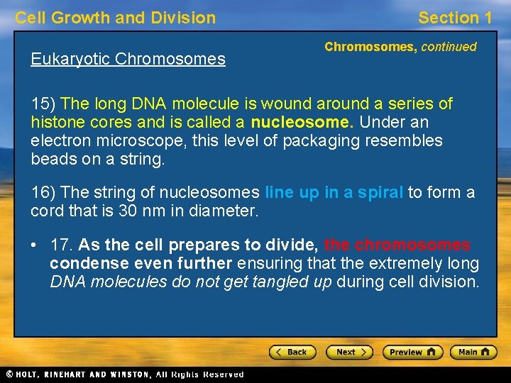 Cell Growth and Division Eukaryotic Chromosomes Section 1 Chromosomes, continued 15) The long DNA