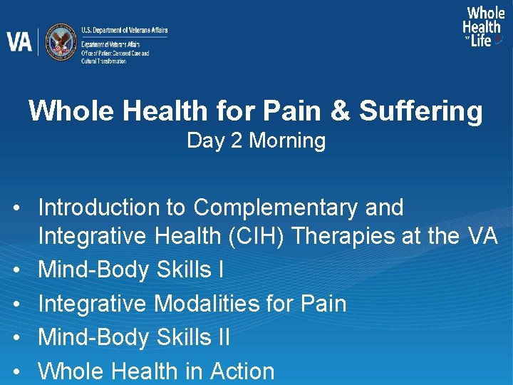 Whole Health for Pain & Suffering Day 2 Morning • Introduction to Complementary and