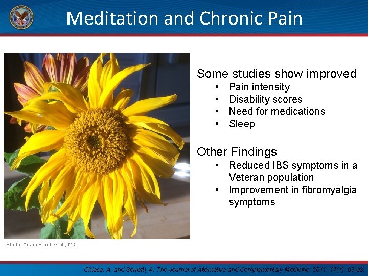 Meditation and Chronic Pain Some studies show improved • • Pain intensity Disability scores