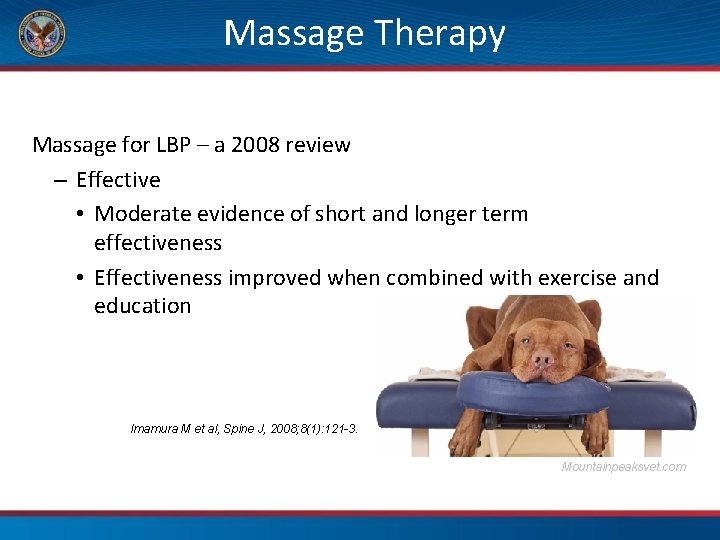 Massage Therapy Massage for LBP – a 2008 review – Effective • Moderate evidence