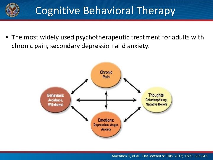 Cognitive Behavioral Therapy • The most widely used psychotherapeutic treatment for adults with chronic