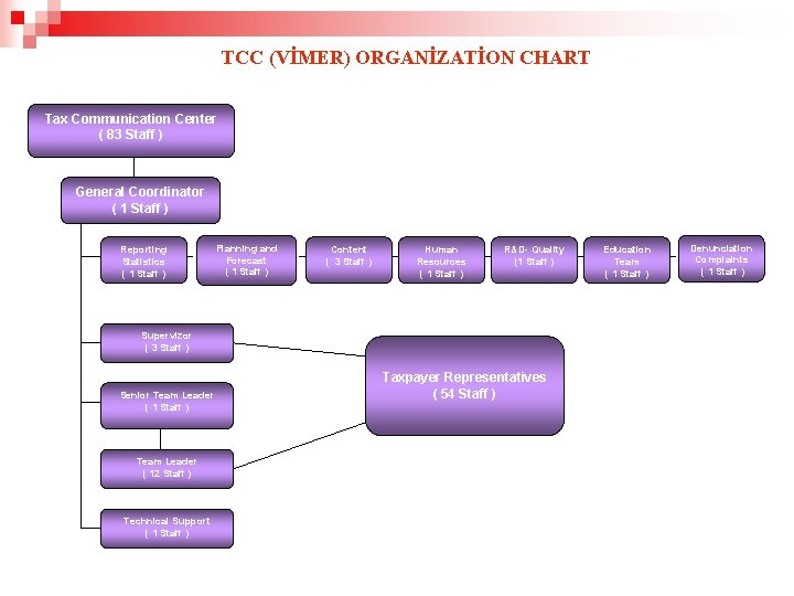 TCC (VİMER) ORGANİZATİON CHART Tax Communication Center ( 83 Staff ) General Coordinator (