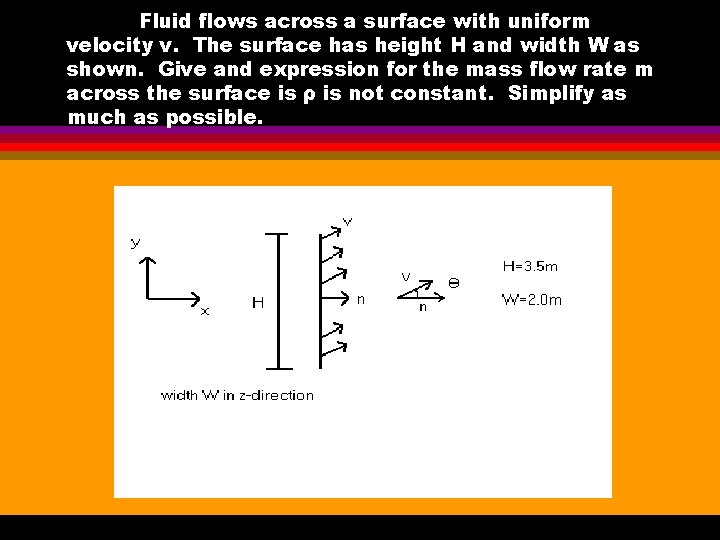 Fluid flows across a surface with uniform velocity v. The surface has height H