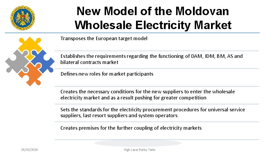 New Model of the Moldovan Wholesale Electricity Market Transposes the European target model Establishes