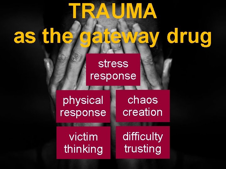 TRAUMA as the gateway drug stress response physical response chaos creation victim thinking difficulty
