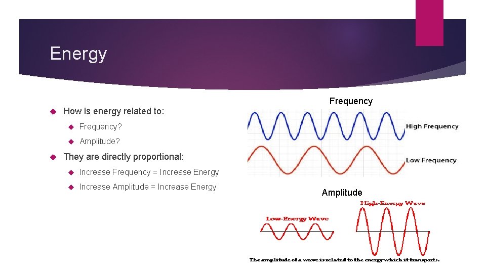 Energy How is energy related to: Frequency? Amplitude? Frequency They are directly proportional: Increase
