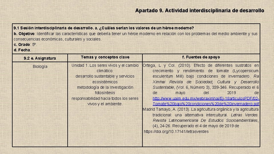 Apartado 9. Actividad interdisciplinaria de desarrollo 9. 1 Sesión interdisciplinaria de desarrollo. a. ¿Cuáles