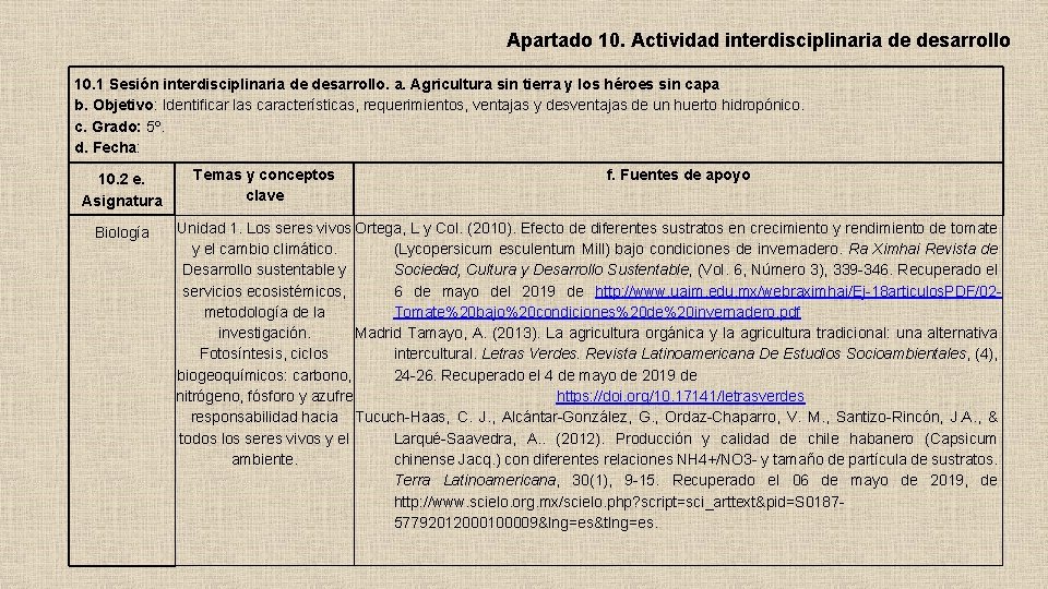 Apartado 10. Actividad interdisciplinaria de desarrollo 10. 1 Sesión interdisciplinaria de desarrollo. a. Agricultura