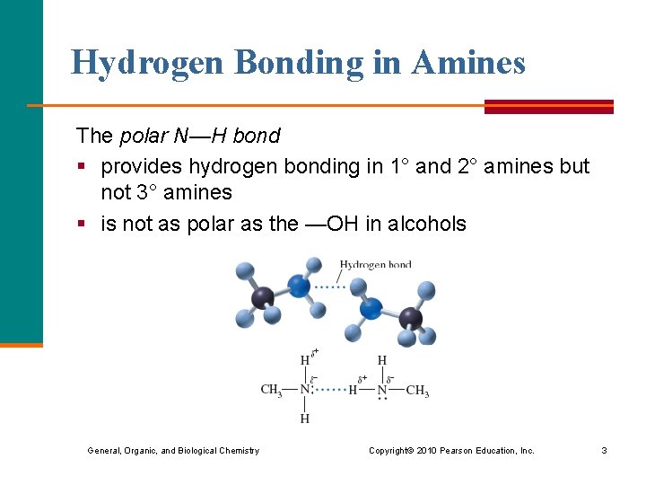 Hydrogen Bonding in Amines The polar N—H bond § provides hydrogen bonding in 1°