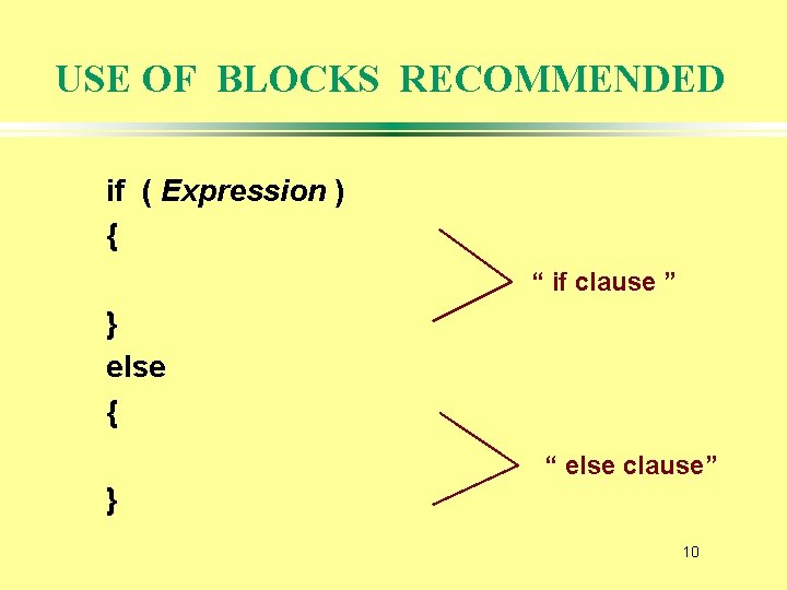USE OF BLOCKS RECOMMENDED if ( Expression ) { “ if clause ” }