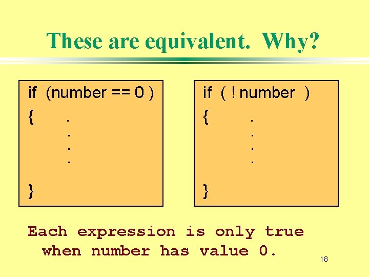 These are equivalent. Why? if (number == 0 ) {. if ( ! number