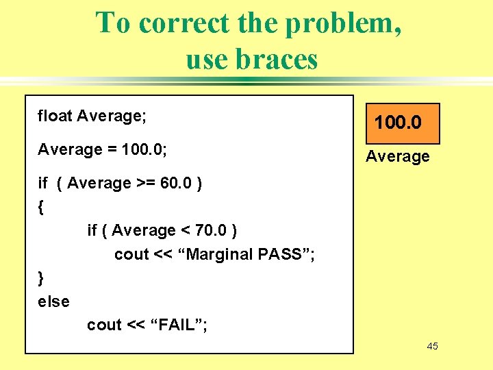 To correct the problem, use braces float Average; Average = 100. 0; 100. 0