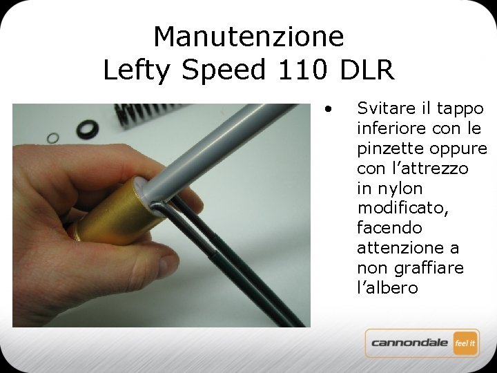 Manutenzione Lefty Speed 110 DLR • Svitare il tappo inferiore con le pinzette oppure