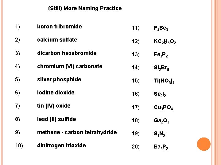 (Still) More Naming Practice 1) boron tribromide 11) P 4 Se 3 2) calcium