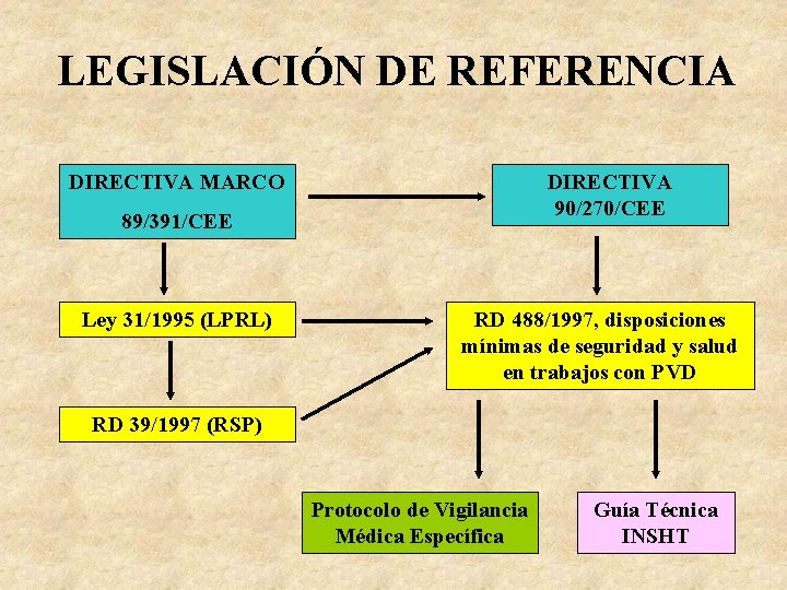 LEGISLACIÓN DE REFERENCIA DIRECTIVA MARCO DIRECTIVA 90/270/CEE 89/391/CEE Ley 31/1995 (LPRL) RD 488/1997, disposiciones