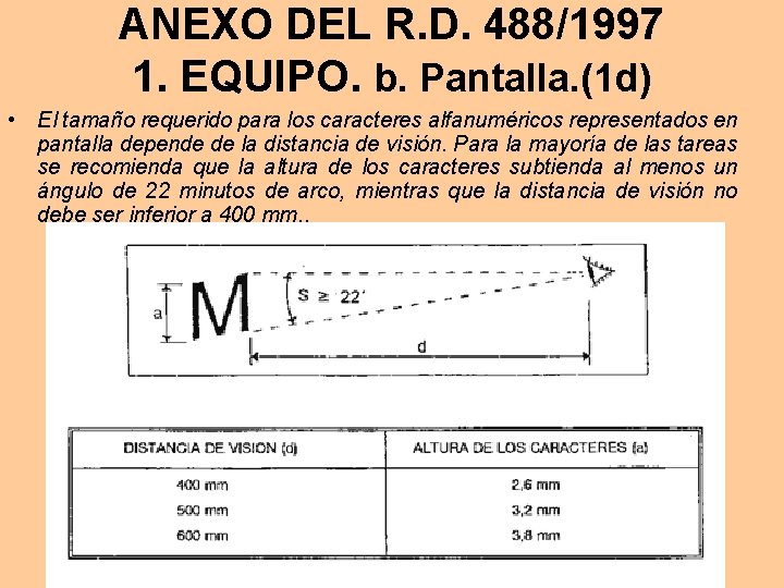 ANEXO DEL R. D. 488/1997 1. EQUIPO. b. Pantalla. (1 d) • El tamaño