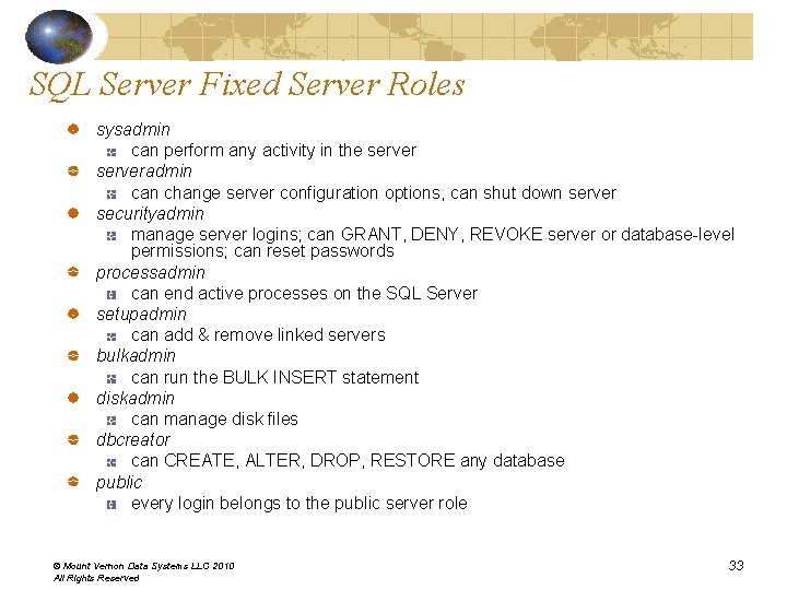 SQL Server Fixed Server Roles sysadmin can perform any activity in the serveradmin can SQL Server Fixed Server Roles sysadmin can perform any activity in the serveradmin can