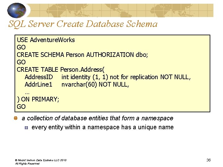 SQL Server Create Database Schema USE Adventure. Works GO CREATE SCHEMA Person AUTHORIZATION dbo; SQL Server Create Database Schema USE Adventure. Works GO CREATE SCHEMA Person AUTHORIZATION dbo;