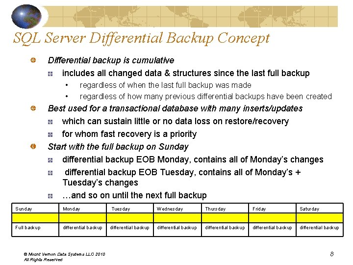 SQL Server Differential Backup Concept Differential backup is cumulative includes all changed data & SQL Server Differential Backup Concept Differential backup is cumulative includes all changed data &