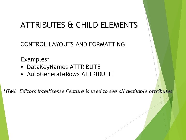 ATTRIBUTES & CHILD ELEMENTS CONTROL LAYOUTS AND FORMATTING Examples: • Data. Key. Names ATTRIBUTE