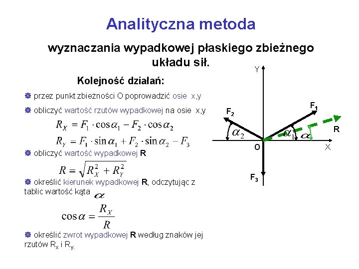 Analityczna metoda wyznaczania wypadkowej płaskiego zbieżnego układu sił. Y Kolejność działań: ] przez punkt