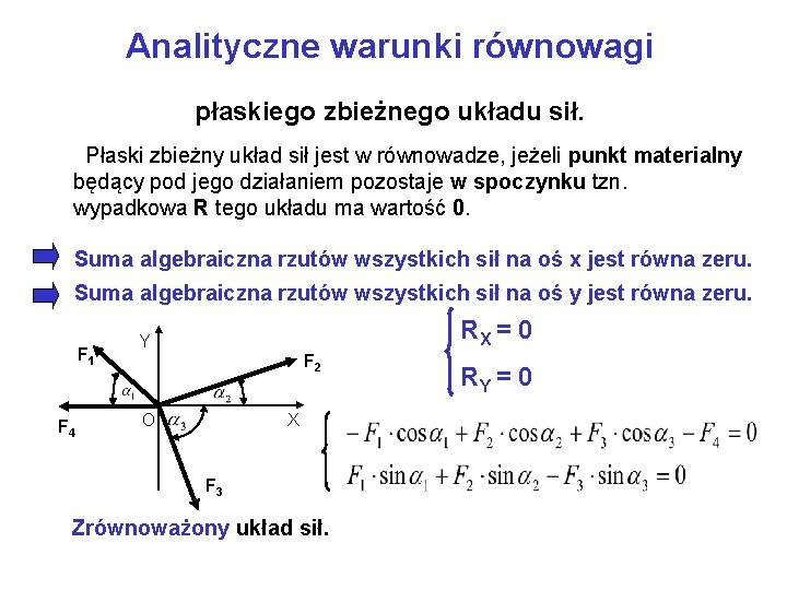 Analityczne warunki równowagi płaskiego zbieżnego układu sił. Płaski zbieżny układ sił jest w równowadze,