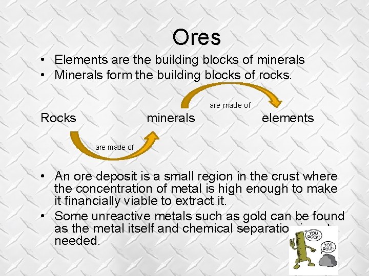 Ores • Elements are the building blocks of minerals • Minerals form the building Ores • Elements are the building blocks of minerals • Minerals form the building
