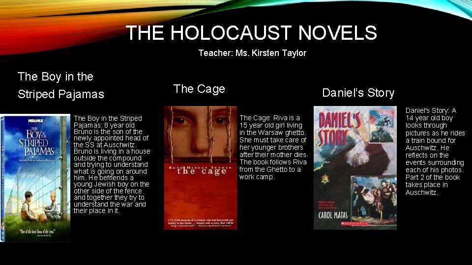 THE HOLOCAUST NOVELS Teacher: Ms. Kirsten Taylor The Boy in the Striped Pajamas: 8