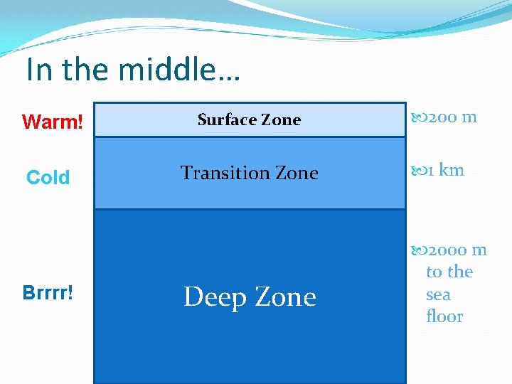 In the middle… Warm! Surface Zone Cold Transition Zone Brrrr! Deep Zone 200 m