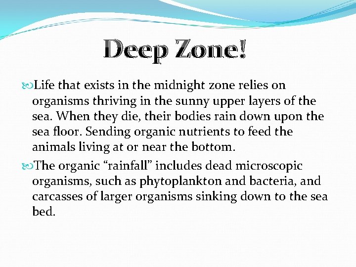 Deep Zone! Life that exists in the midnight zone relies on organisms thriving in