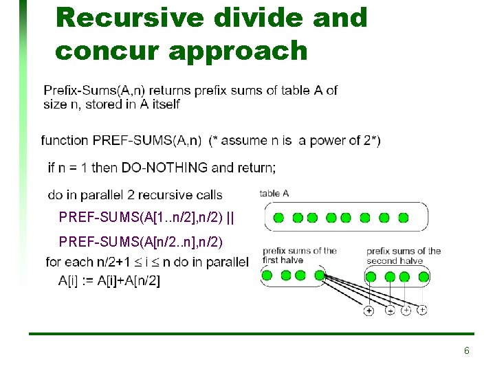 Recursive divide and concur approach PREF-SUMS(A[1. . n/2], n/2) || PREF-SUMS(A[n/2. . n], n/2)