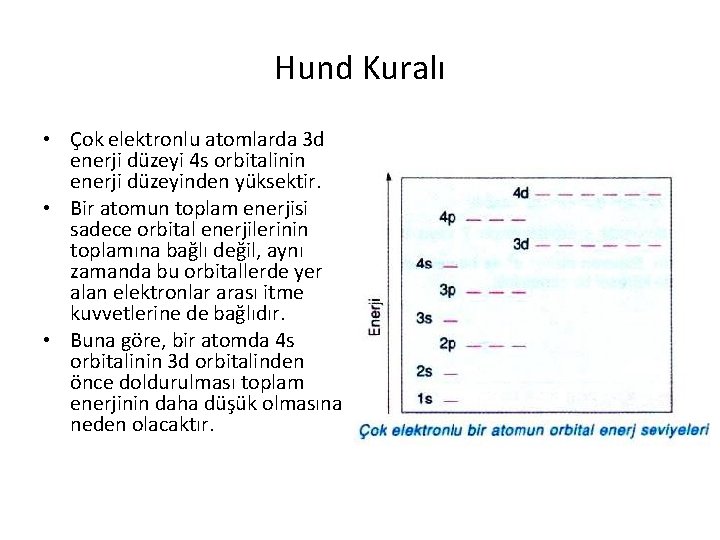 Hund Kuralı • Çok elektronlu atomlarda 3 d enerji düzeyi 4 s orbitalinin enerji