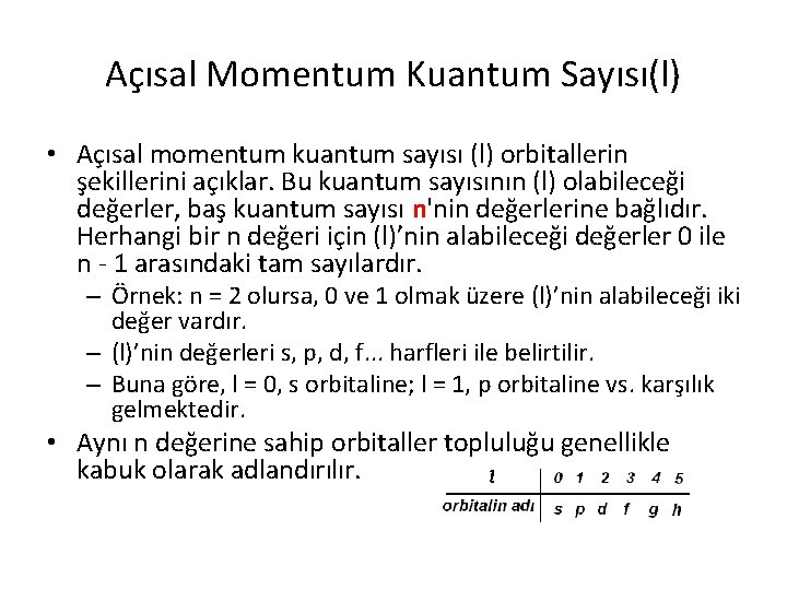 Açısal Momentum Kuantum Sayısı(l) • Açısal momentum kuantum sayısı (l) orbitallerin şekillerini açıklar. Bu