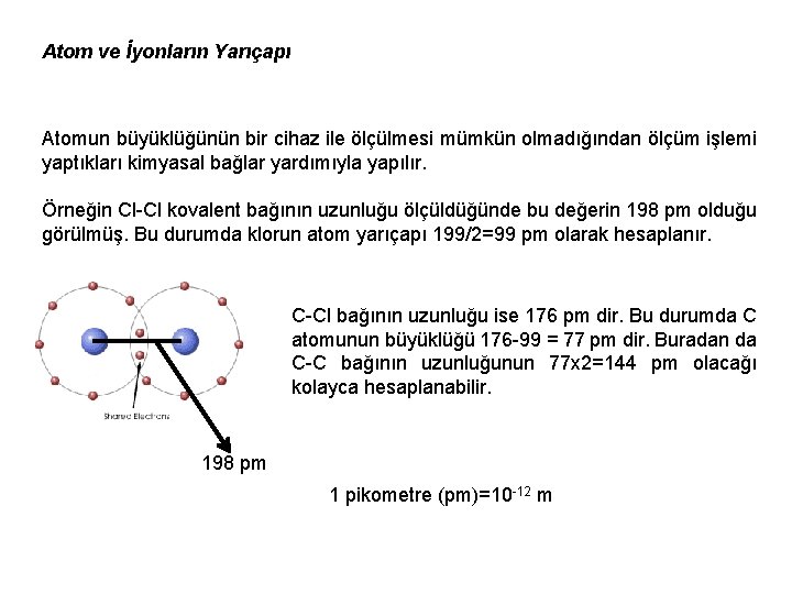 Atom ve İyonların Yarıçapı Atomun büyüklüğünün bir cihaz ile ölçülmesi mümkün olmadığından ölçüm işlemi