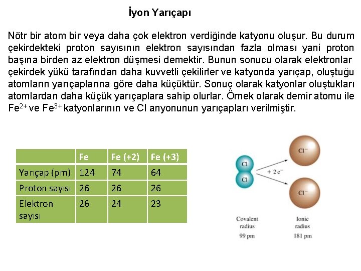 İyon Yarıçapı Nötr bir atom bir veya daha çok elektron verdiğinde katyonu oluşur. Bu