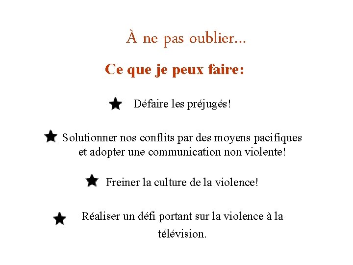 À ne pas oublier… Ce que je peux faire: Défaire les préjugés! Solutionner nos