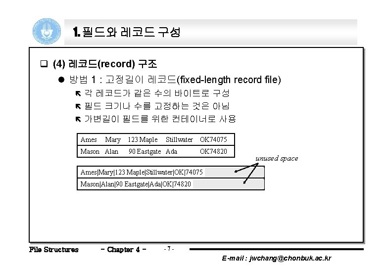 1. 필드와 레코드 구성 q (4) 레코드(record) 구조 l 방법 1 : 고정길이 레코드(fixed-length