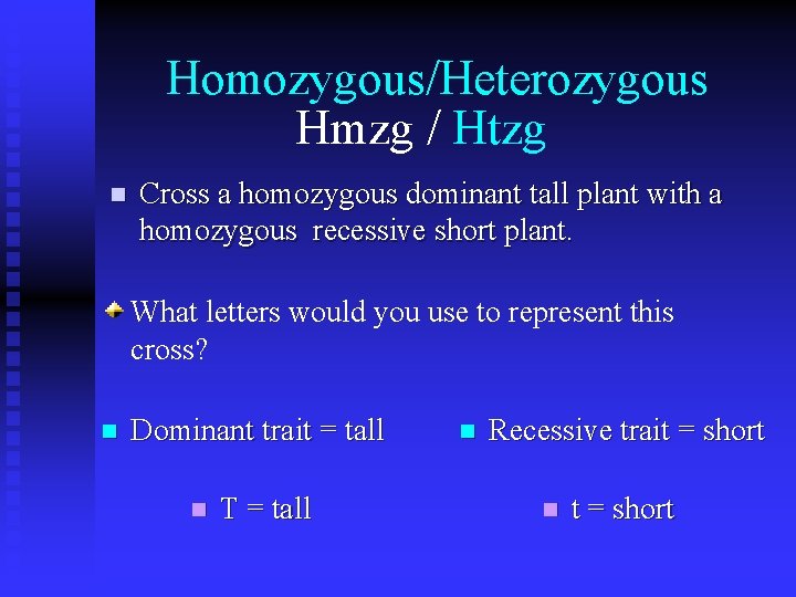 Homozygous/Heterozygous Hmzg / Htzg n Cross a homozygous dominant tall plant with a homozygous