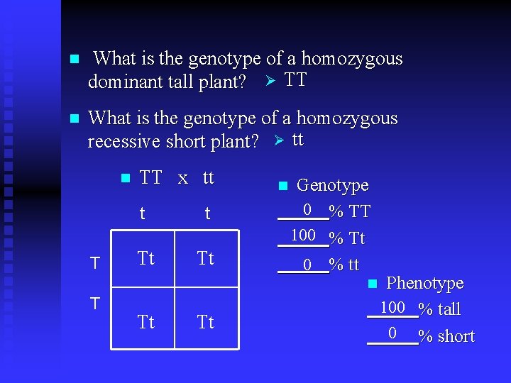 n What is the genotype of a homozygous dominant tall plant? Ø TT n