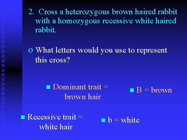 2. Cross a heterozygous brown haired rabbit with a homozygous recessive white haired rabbit.